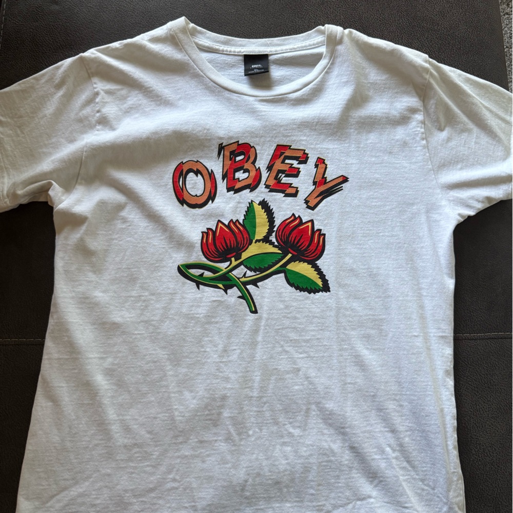 Obey White Tee with Red and Green Floral Graphic
